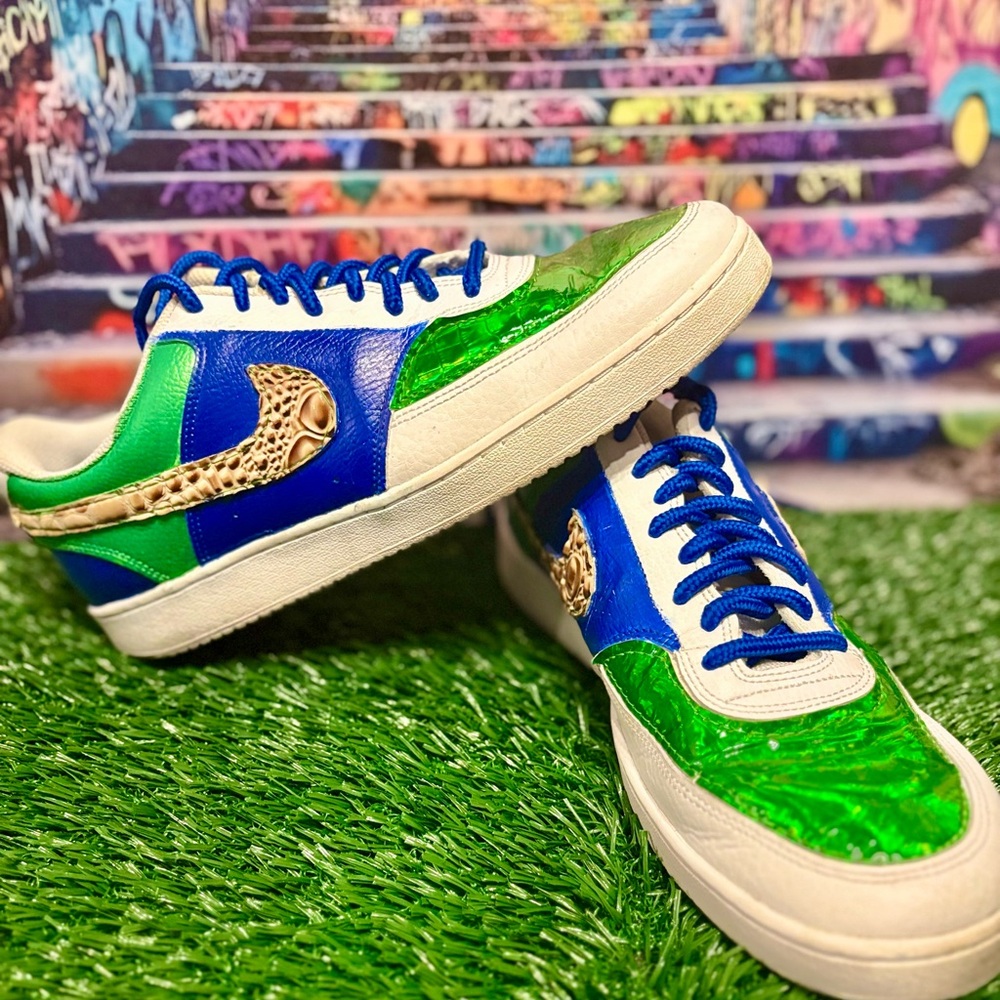 Custom Nike Athletic Sneakers in Blue, Green, and Faux Croc skin